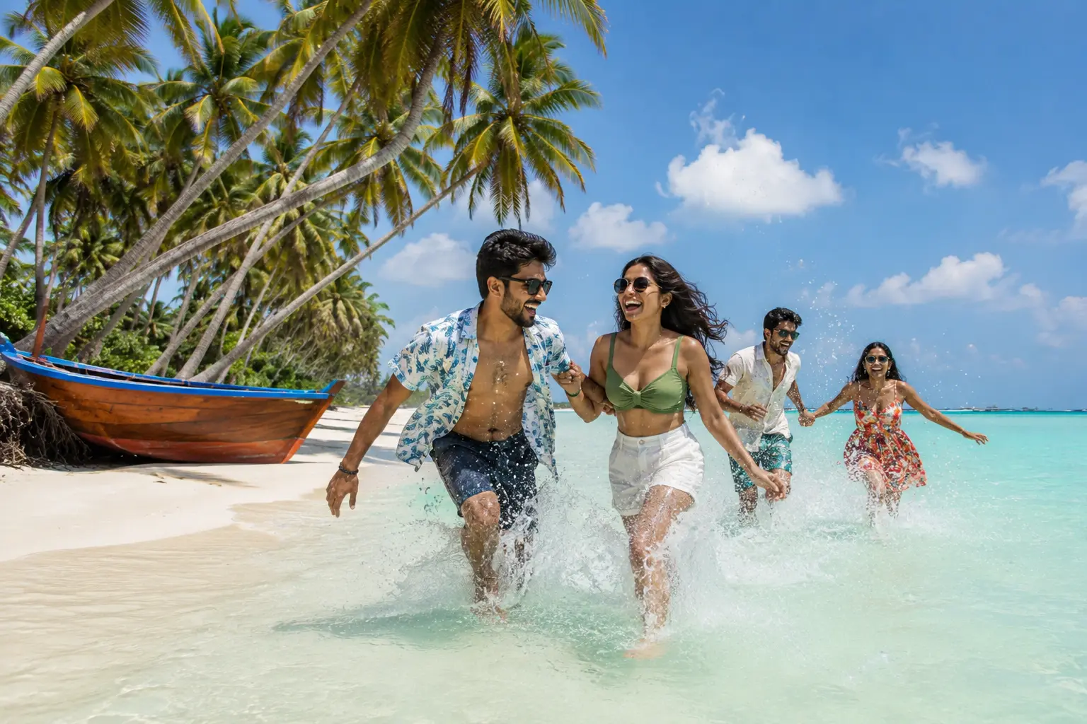 Friends running along a white-sand Lakshadweep beach