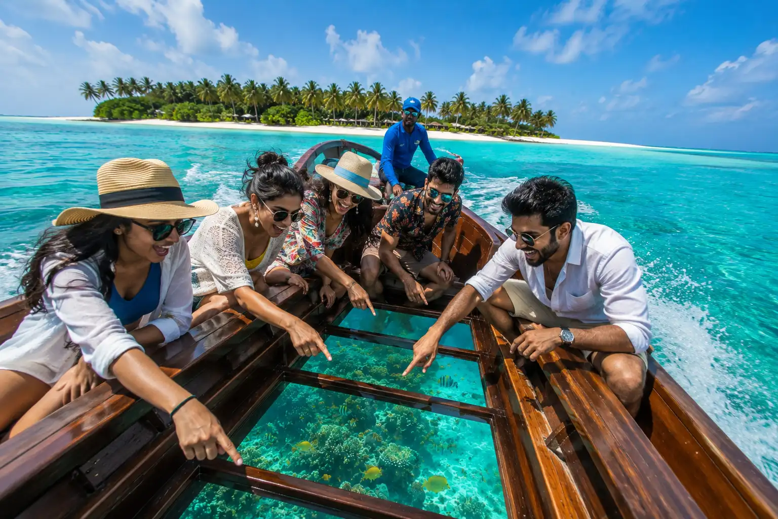 Tourists on a glass-bottom boat over the reef in the Agatti lagoon, Lakshadweep