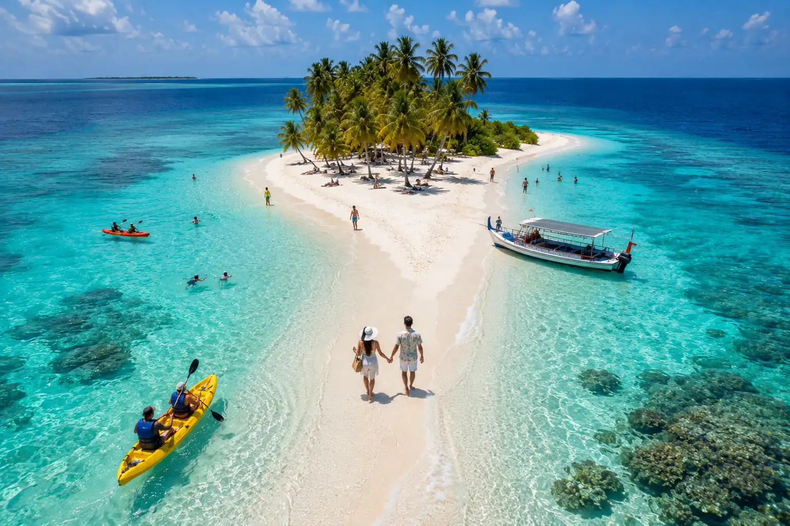 A couple exploring a sandbank island in a turquoise Lakshadweep lagoon, with kayakers nearby
