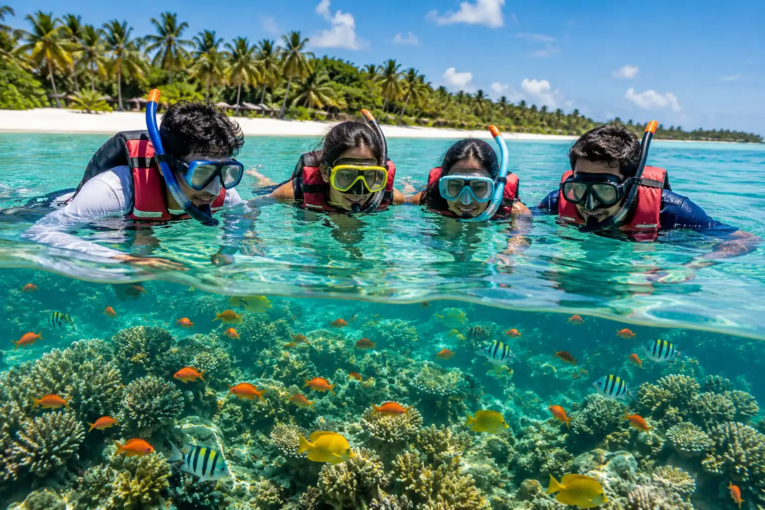Friends snorkeling together over a coral reef off Agatti, Lakshadweep