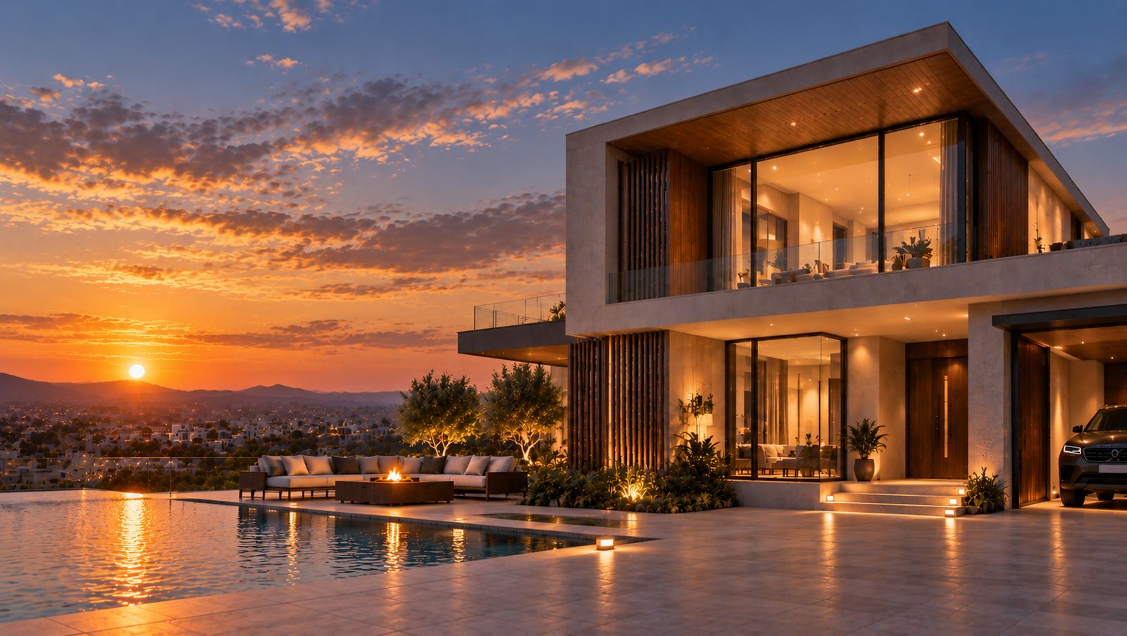 Modern villa with pool and terrace glowing at sunset